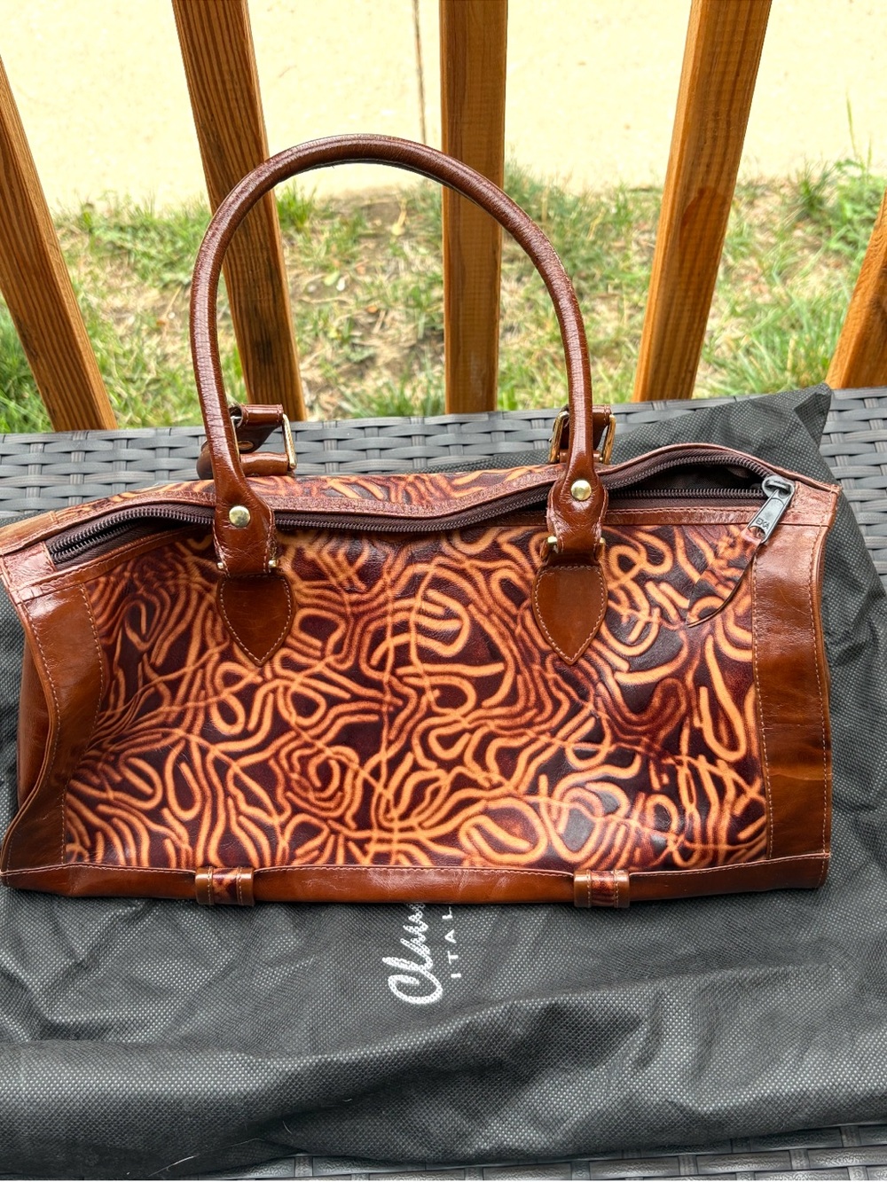 Italina Brown and Tan Patterned Satchel Italian leather